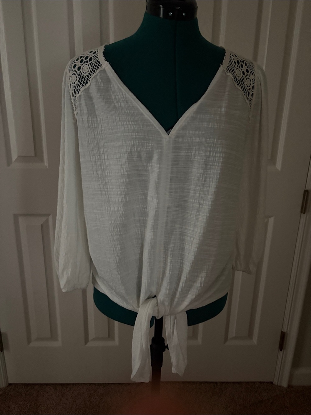Max Studio White Crochet-Shoulder Tie-Front Blouse